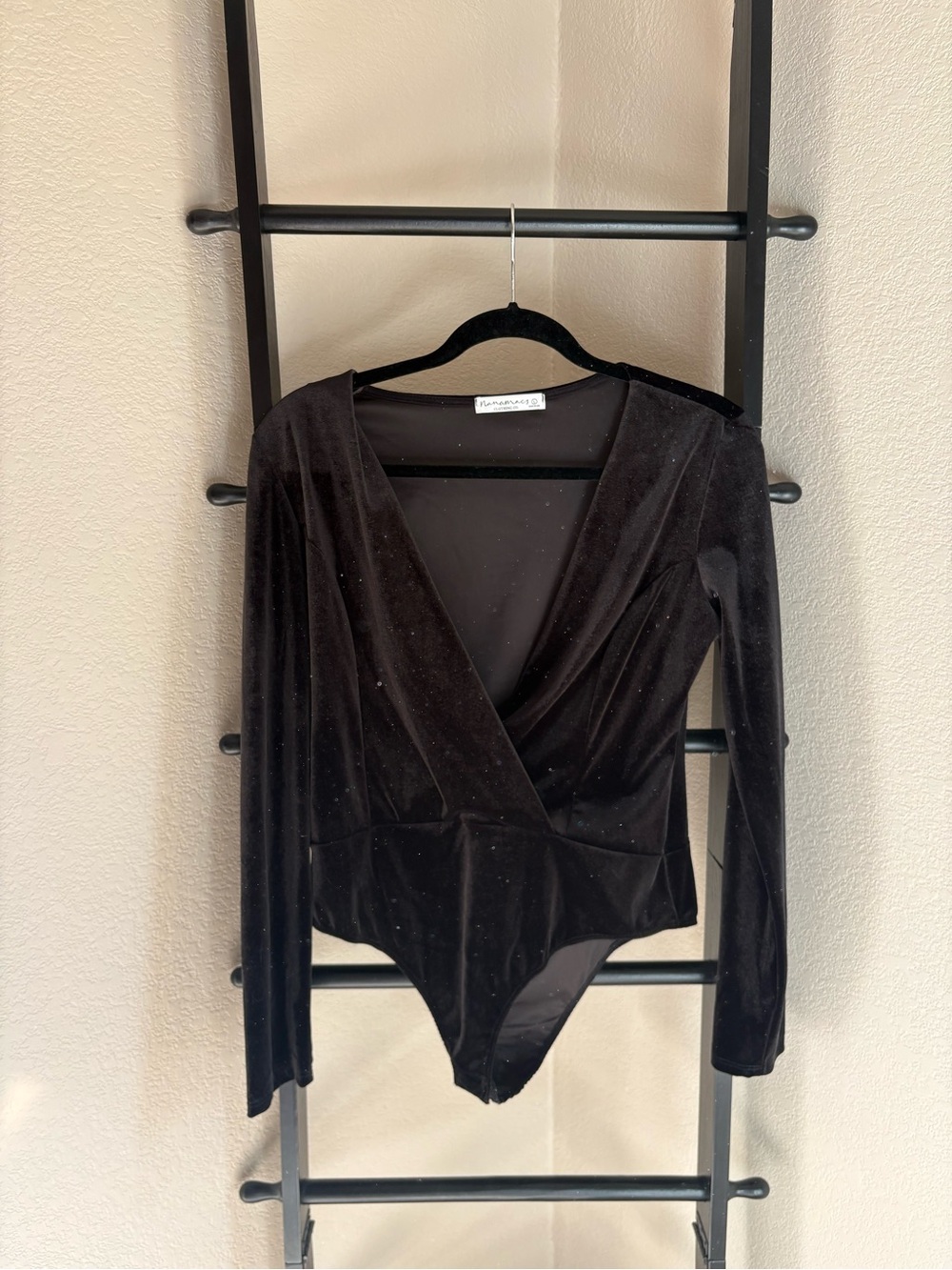 NanaMacs Black Velvet Wrap Long-Sleeve Bandeau Bodysuit